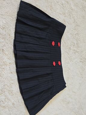Black Pinstripe Pleated Mini Skirt with Red Lip Buttons